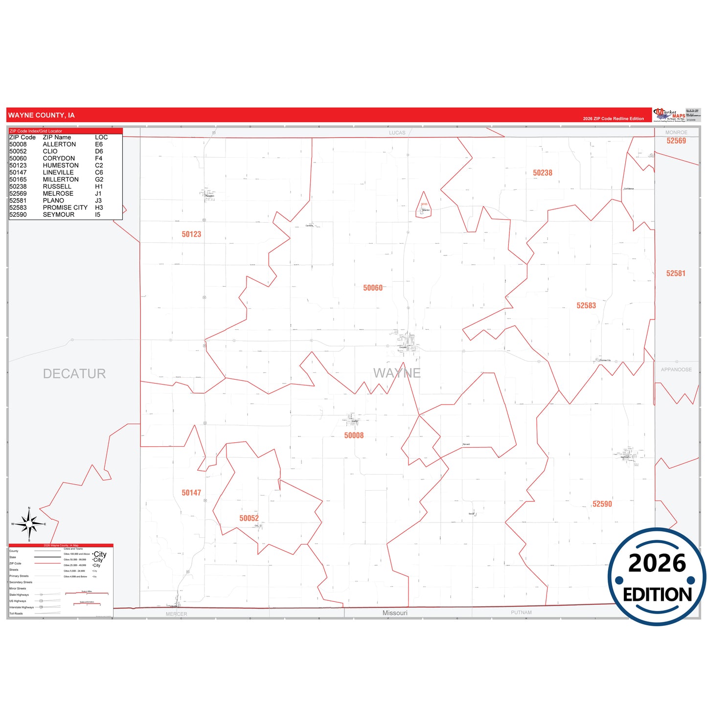Wayne County, IA Red Line 5 Digit ZIP Code Wall Map