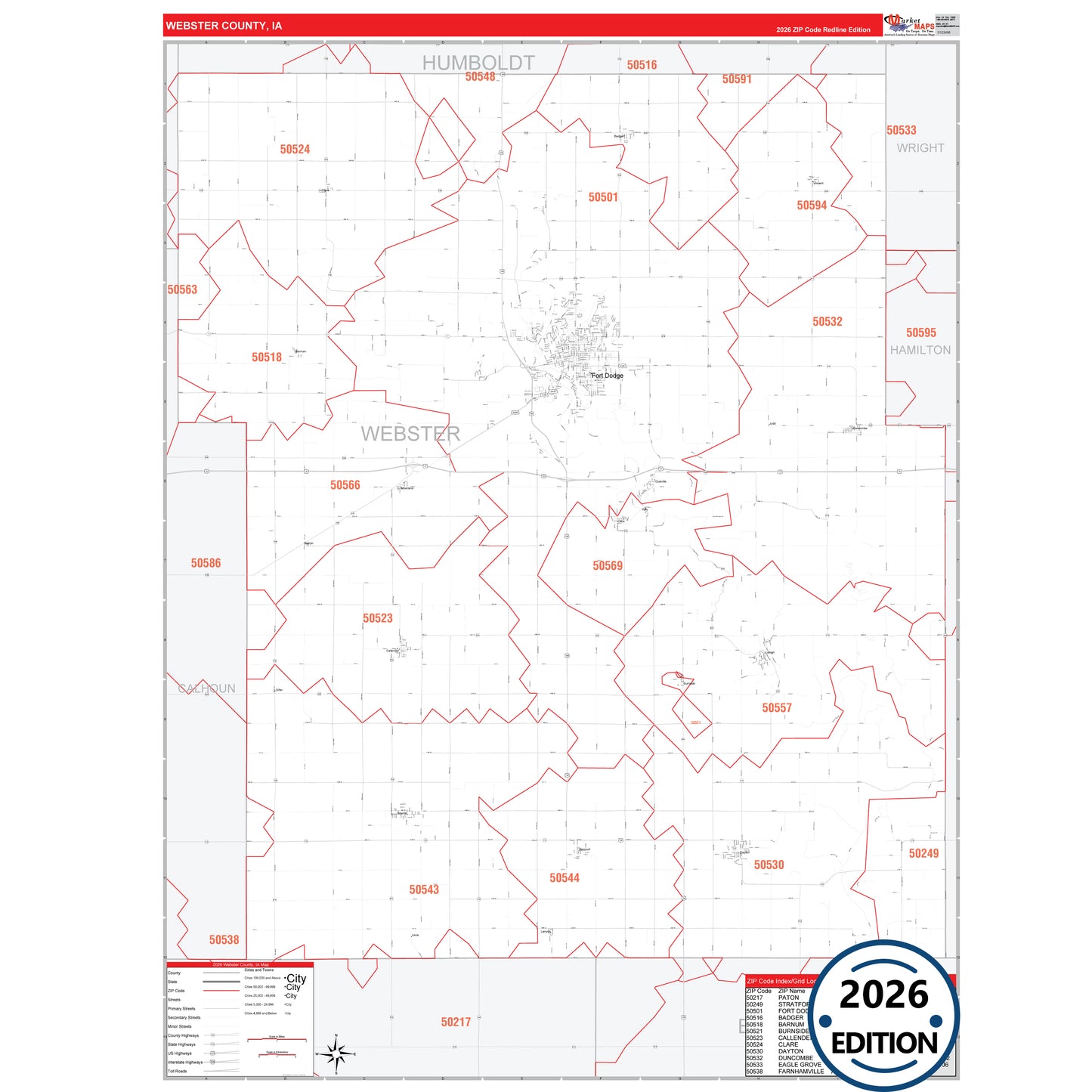Webster County, IA Red Line 5 Digit ZIP Code Wall Map