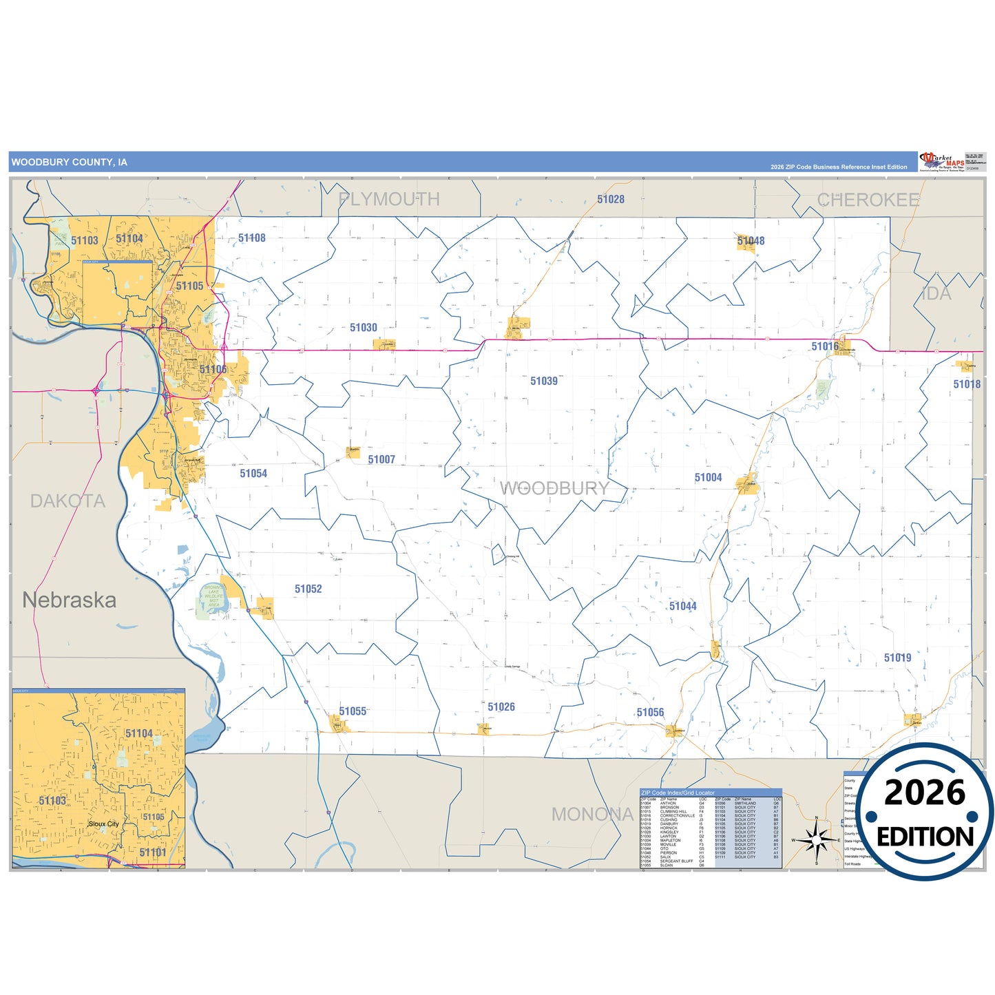 Woodbury County, IA Business Reference 5 Digit ZIP Code Wall Map