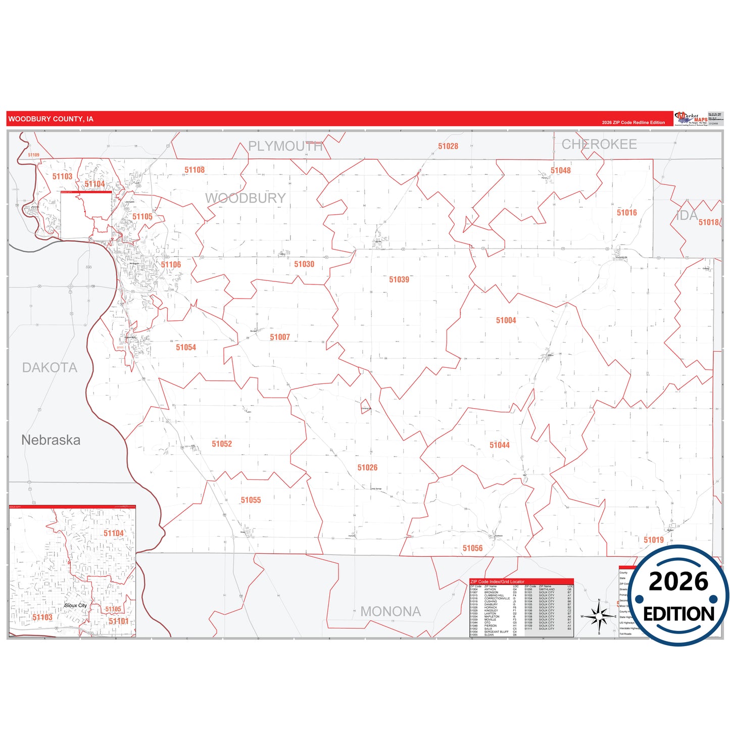 Woodbury County, IA Red Line 5 Digit ZIP Code Wall Map