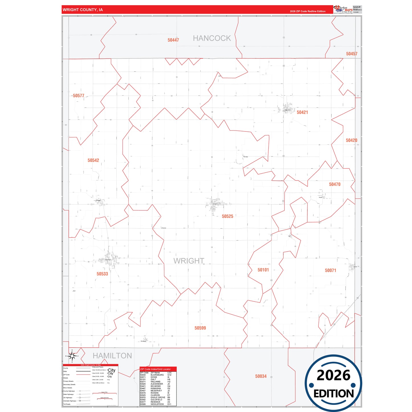 Wright County, IA Red Line 5 Digit ZIP Code Wall Map