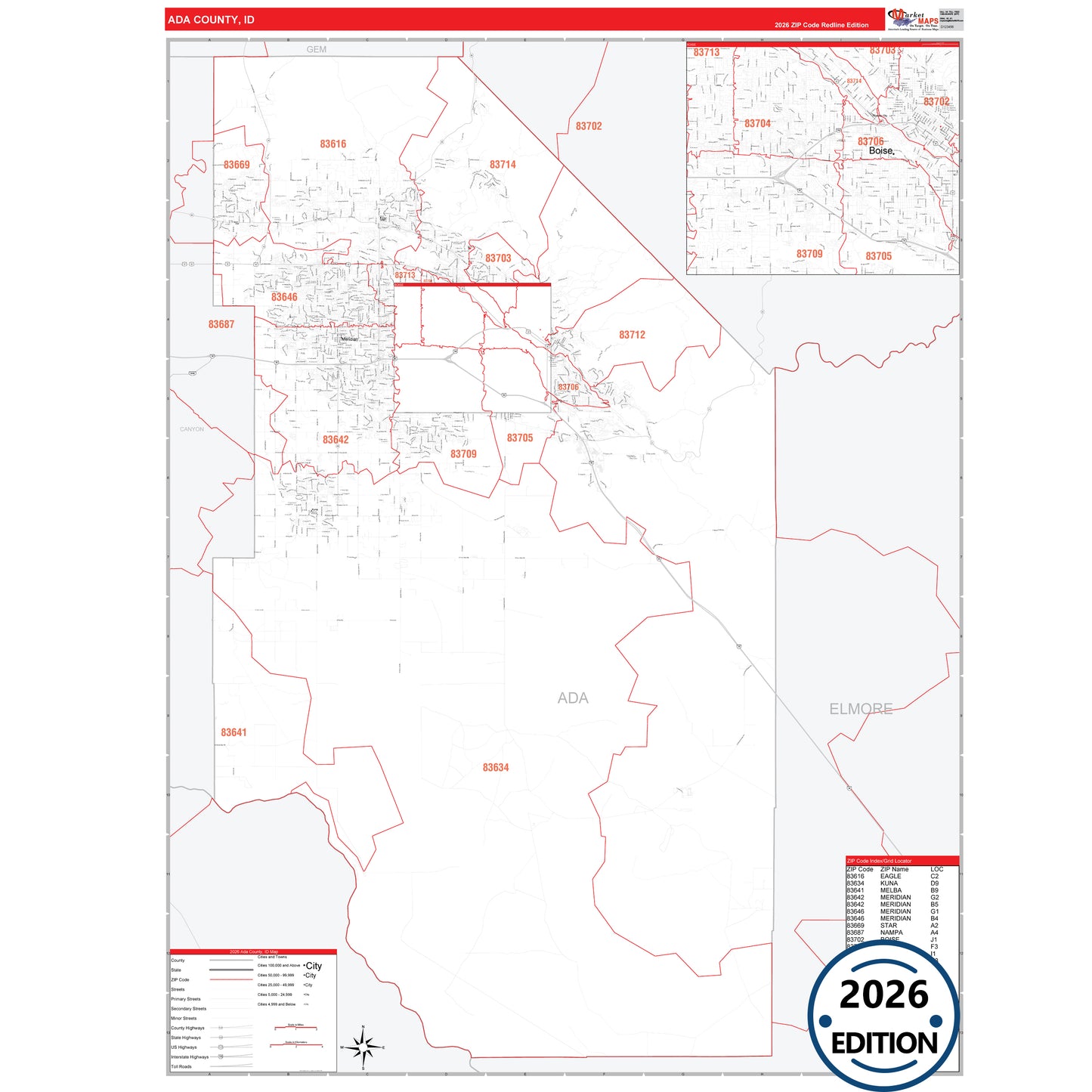 Ada County, ID Red Line 5 Digit ZIP Code Wall Map