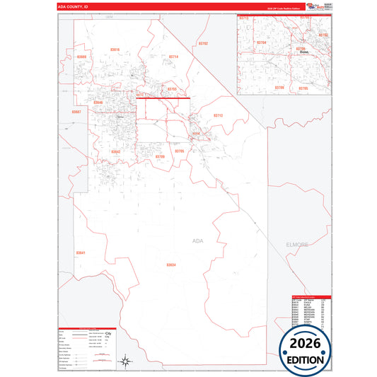 Ada County, ID Red Line 5 Digit ZIP Code Wall Map