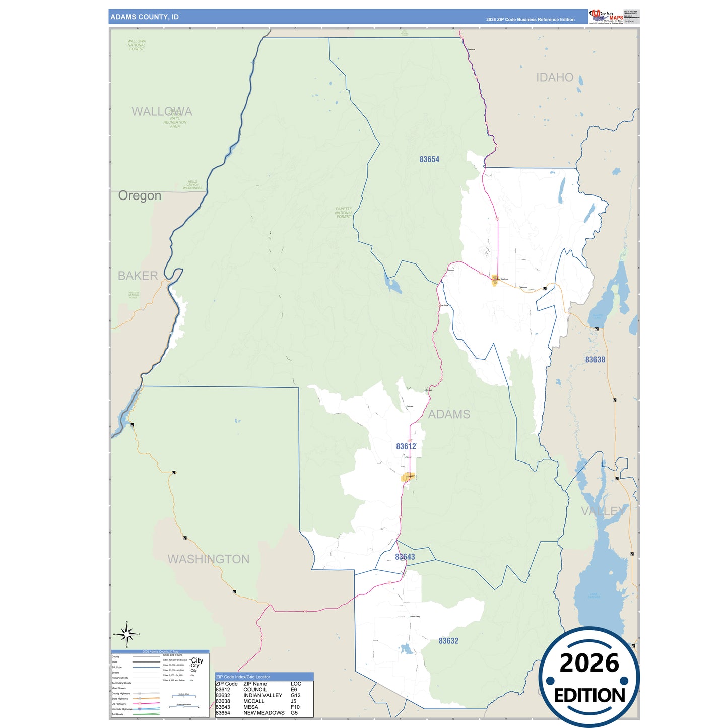 Adams County, ID Business Reference 5 Digit ZIP Code Wall Map