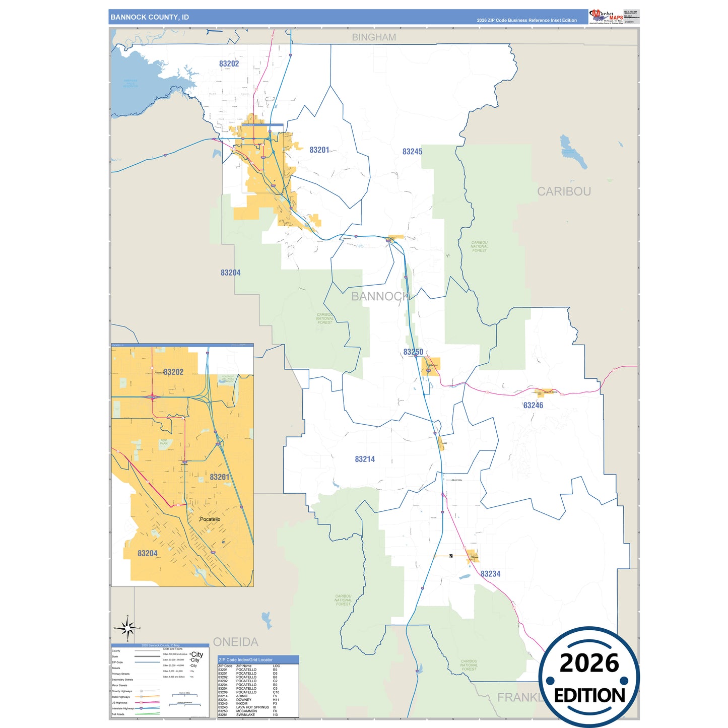Bannock County, ID Business Reference 5 Digit ZIP Code Wall Map