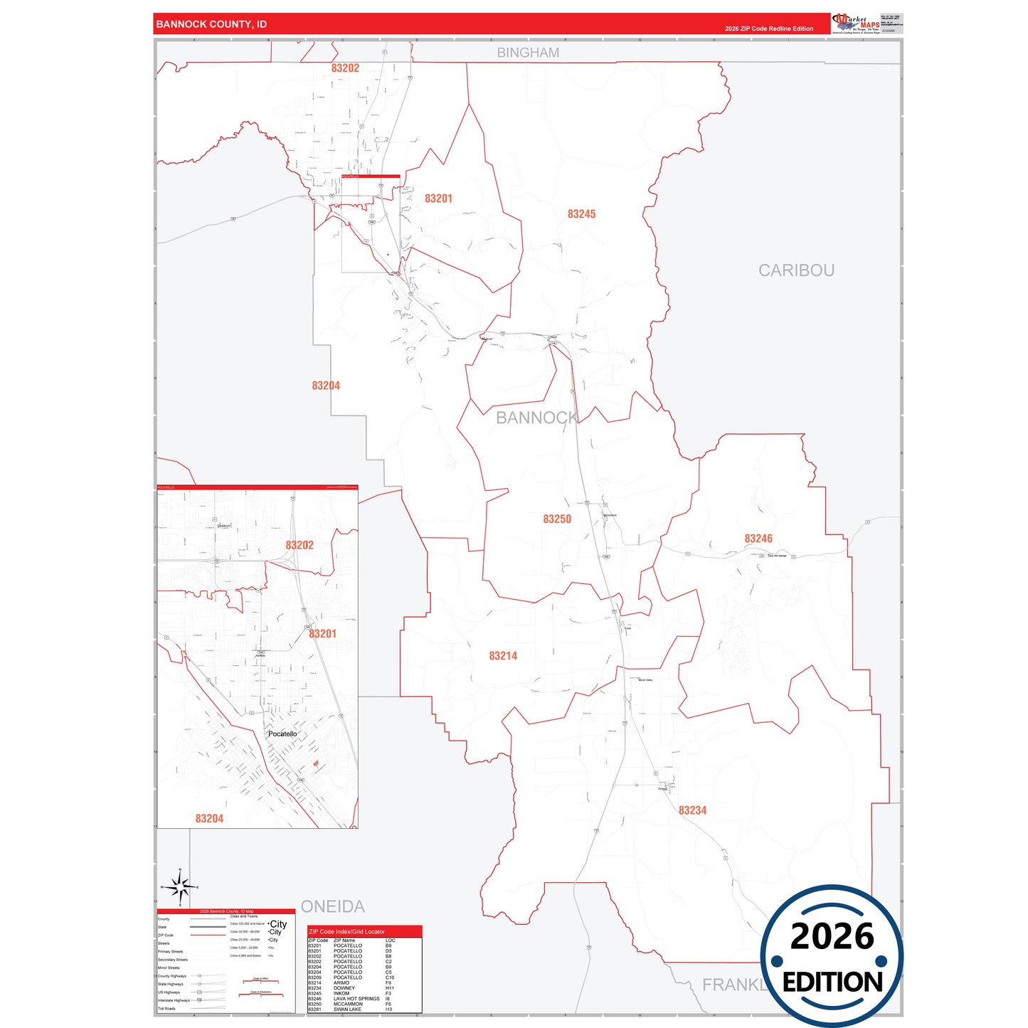 Bannock County, ID Red Line 5 Digit ZIP Code Wall Map