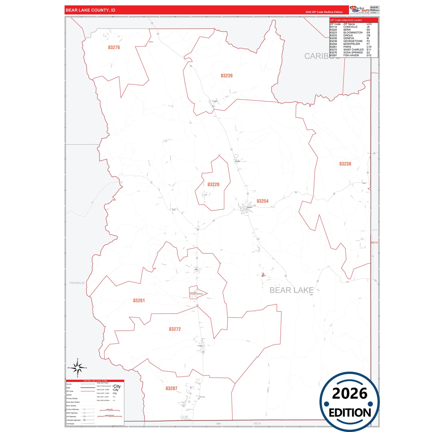 Bear Lake County, ID Red Line 5 Digit ZIP Code Wall Map