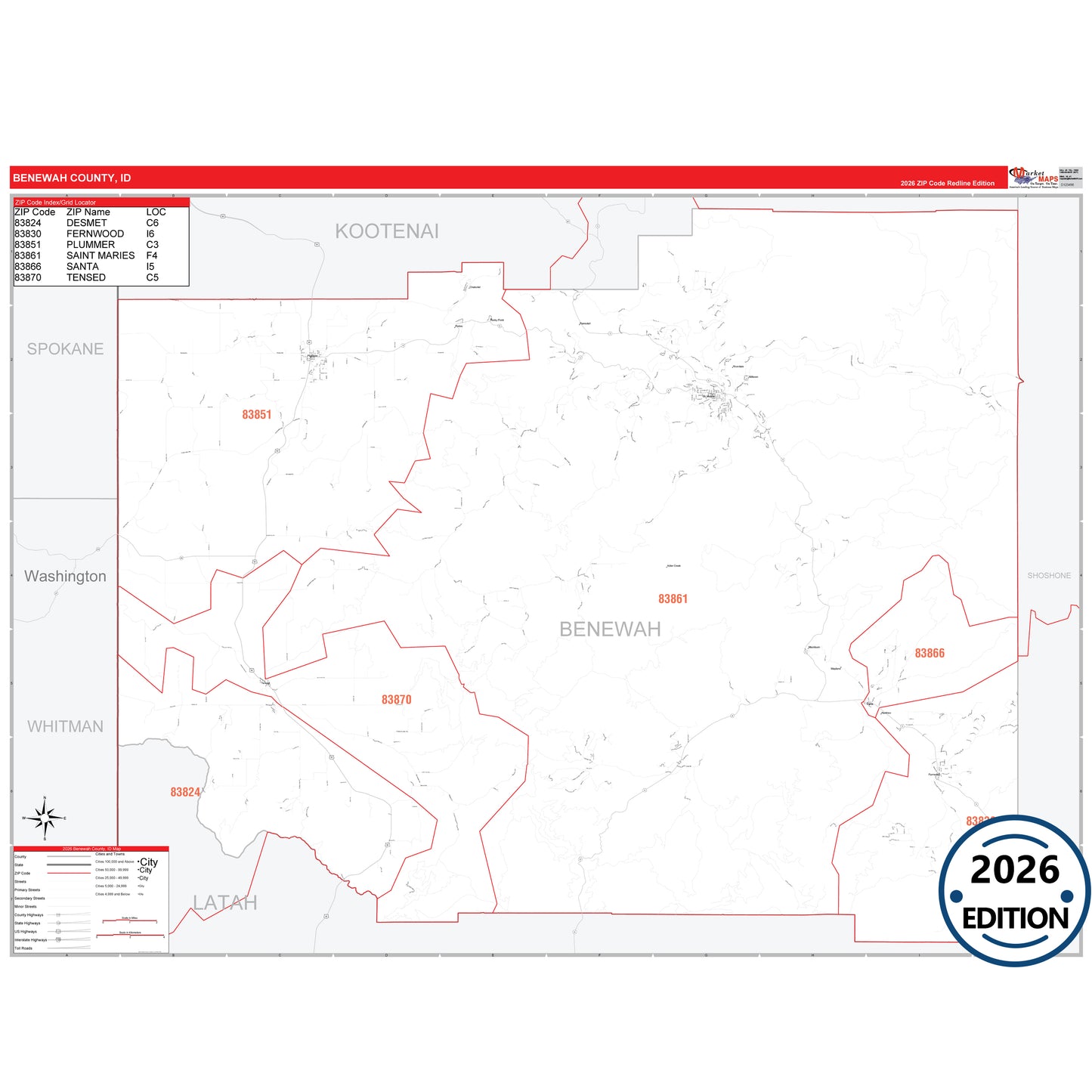 Benewah County, ID Red Line 5 Digit ZIP Code Wall Map