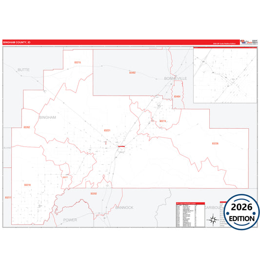 Bingham County, ID Red Line 5 Digit ZIP Code Wall Map
