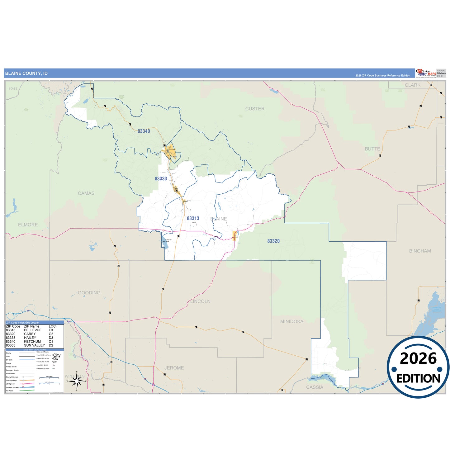 Blaine County, ID Business Reference 5 Digit ZIP Code Wall Map