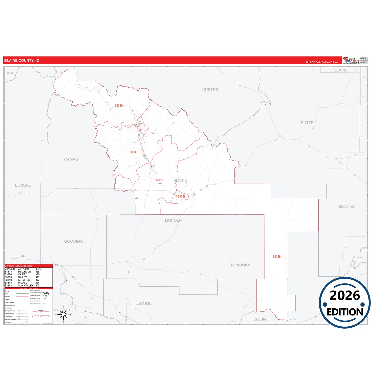 Blaine County, ID Red Line 5 Digit ZIP Code Wall Map