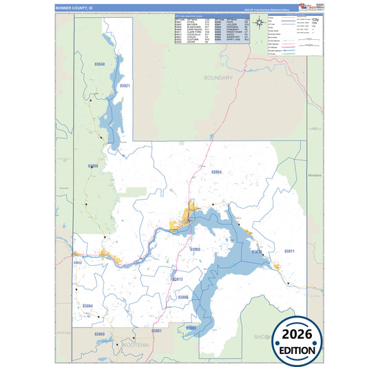 Bonner County, ID Business Reference 5 Digit ZIP Code Wall Map