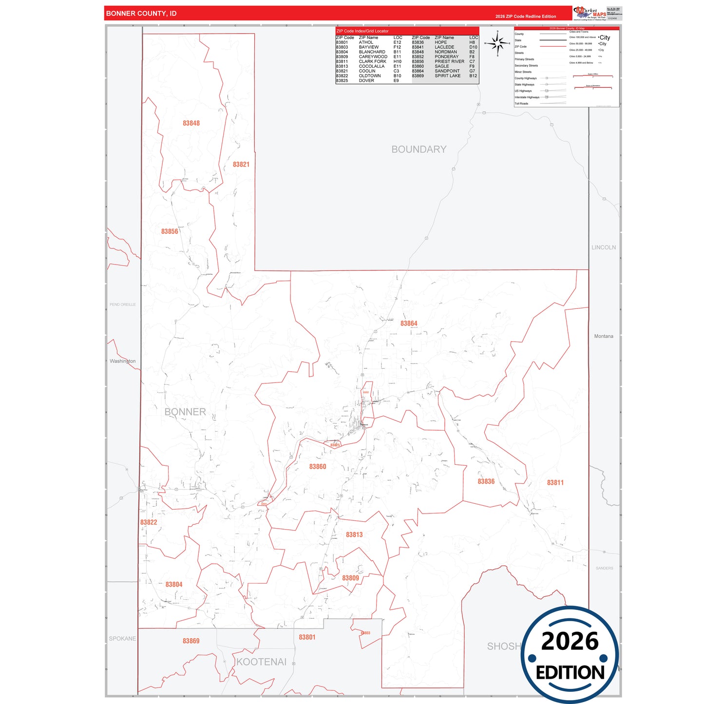 Bonner County, ID Red Line 5 Digit ZIP Code Wall Map