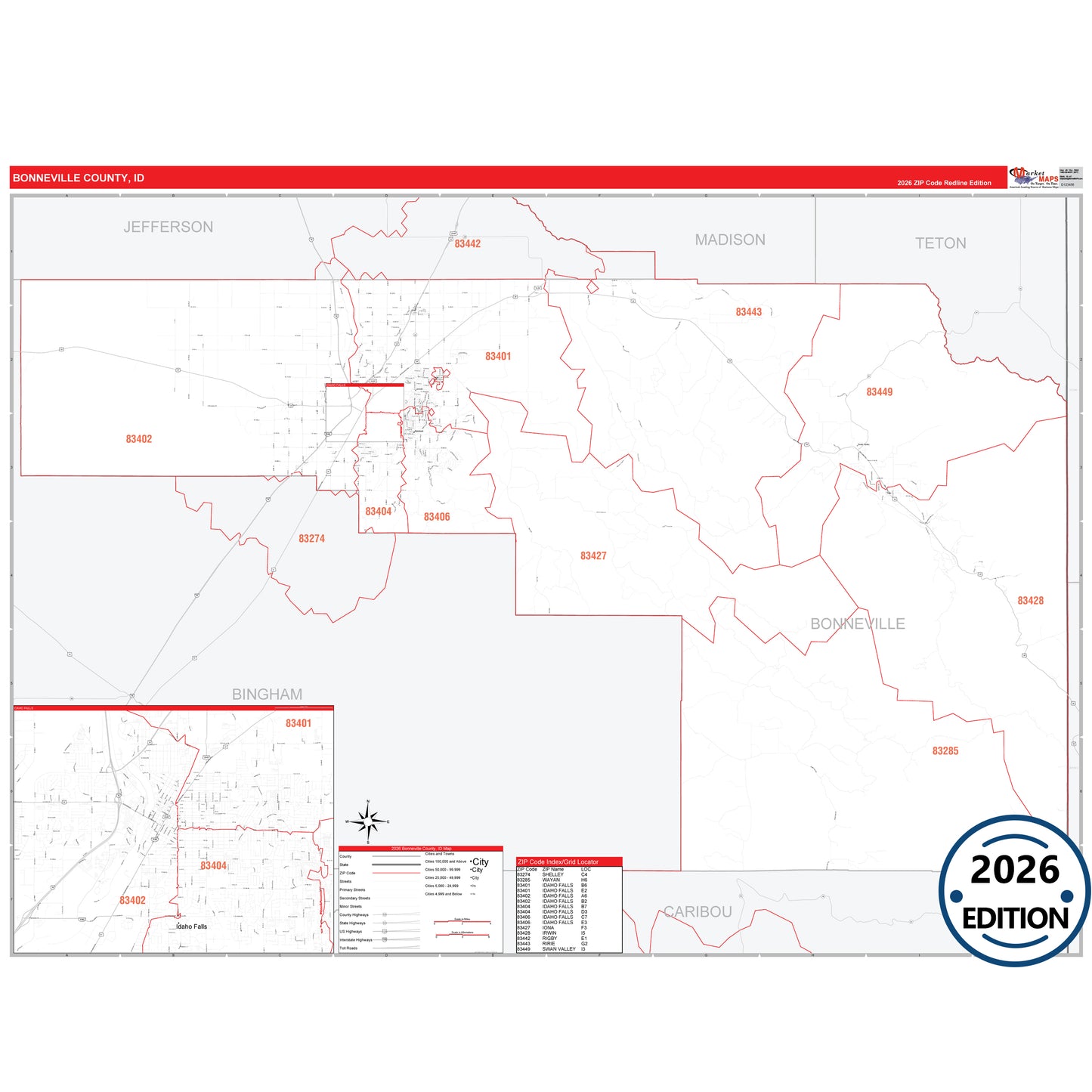 Bonneville County, ID Red Line 5 Digit ZIP Code Wall Map