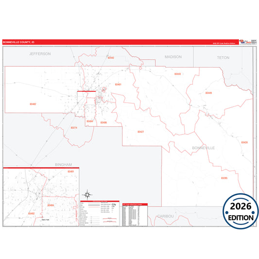 Bonneville County, ID Red Line 5 Digit ZIP Code Wall Map