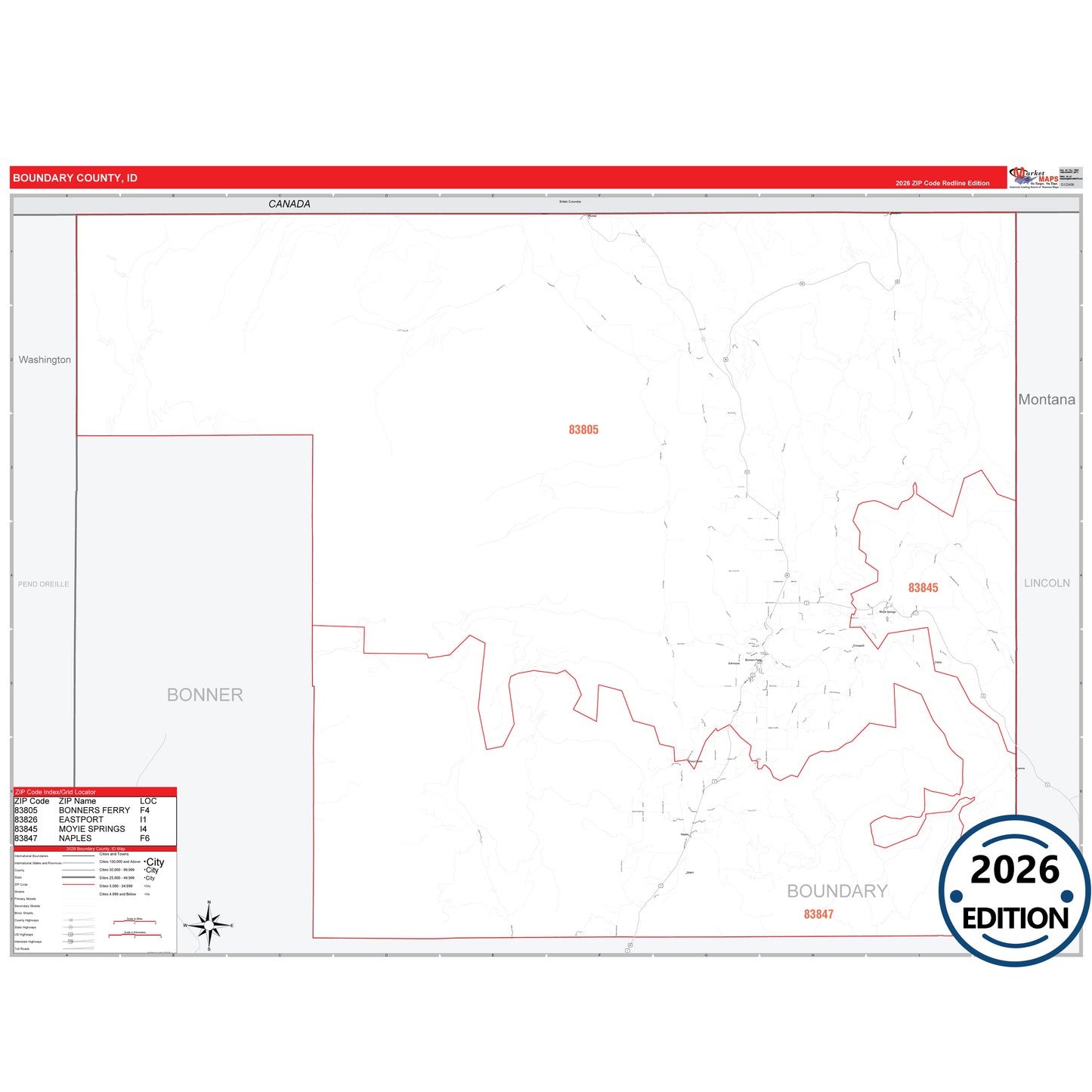 Boundary County, ID Red Line 5 Digit ZIP Code Wall Map