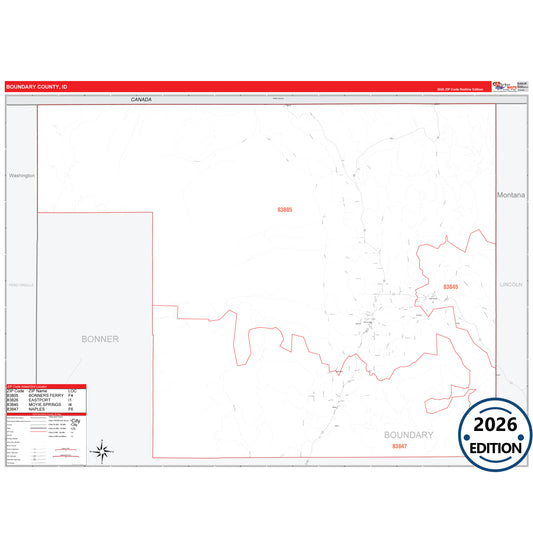 Boundary County, ID Red Line 5 Digit ZIP Code Wall Map