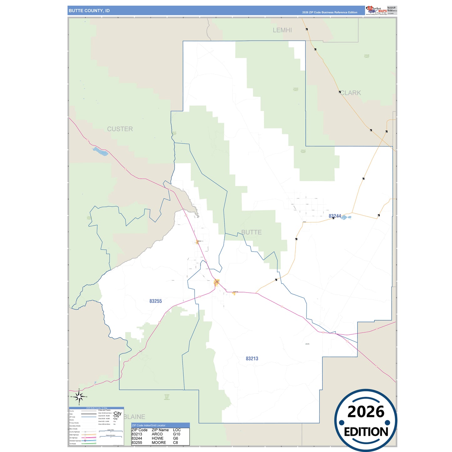 Butte County, ID Business Reference 5 Digit ZIP Code Wall Map