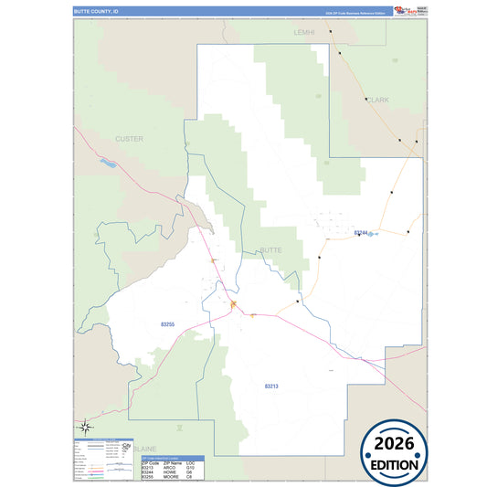 Butte County, ID Business Reference 5 Digit ZIP Code Wall Map