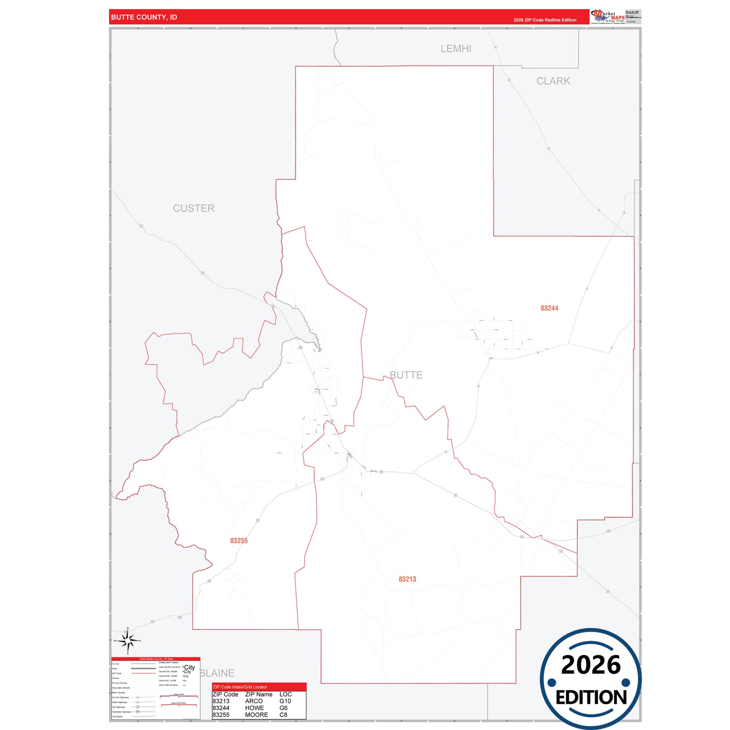 Butte County, ID Red Line 5 Digit ZIP Code Wall Map