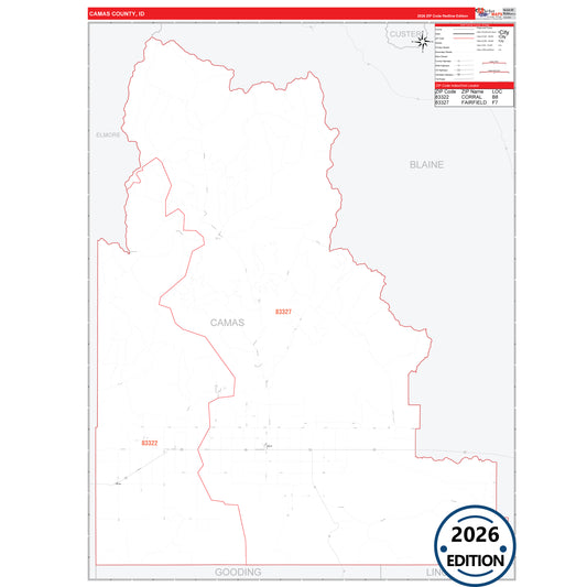 Camas County, ID Red Line 5 Digit ZIP Code Wall Map