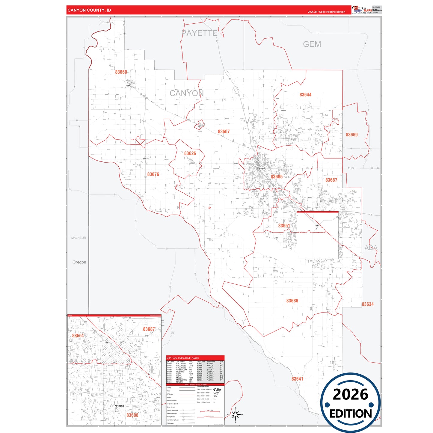 Canyon County, ID Red Line 5 Digit ZIP Code Wall Map