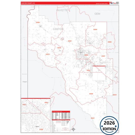 Canyon County, ID Red Line 5 Digit ZIP Code Wall Map