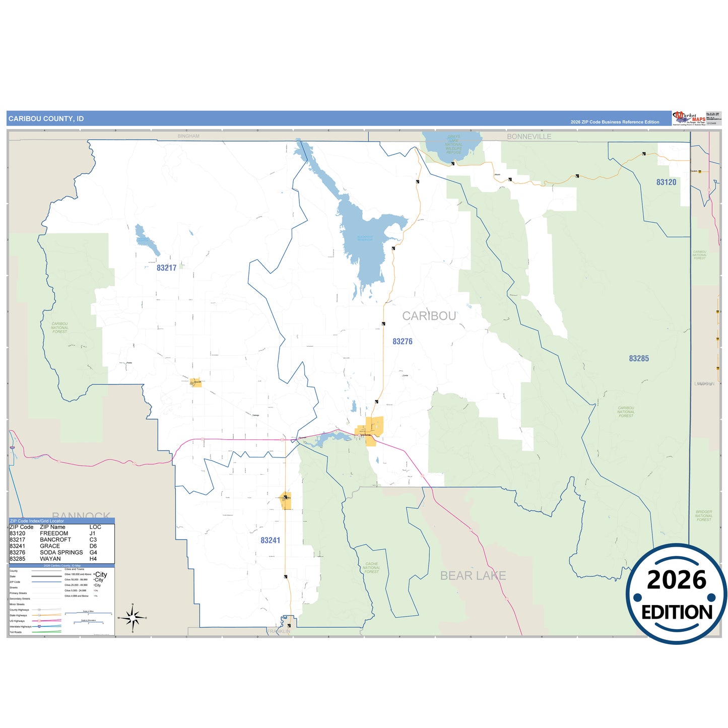 Caribou County, ID Business Reference 5 Digit ZIP Code Wall Map