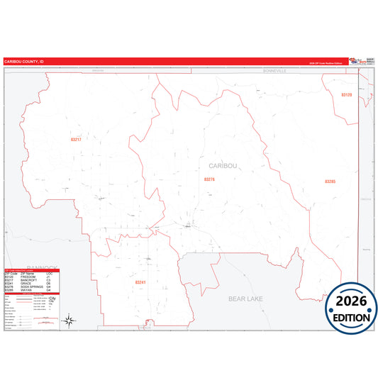 Caribou County, ID Red Line 5 Digit ZIP Code Wall Map