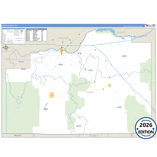Cassia County, ID Business Reference 5 Digit ZIP Code Wall Map