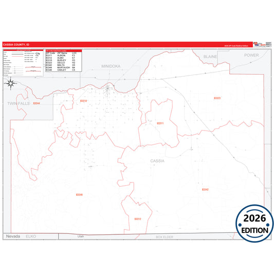 Cassia County, ID Red Line 5 Digit ZIP Code Wall Map