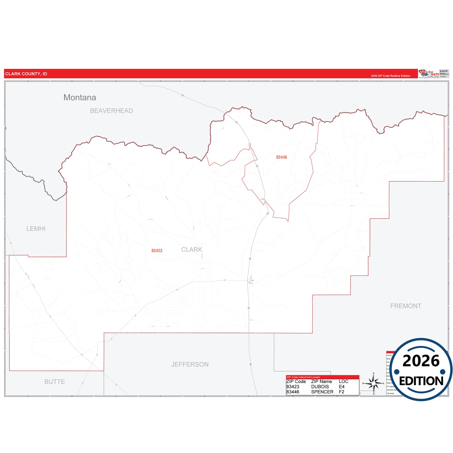 Clark County, ID Red Line 5 Digit ZIP Code Wall Map