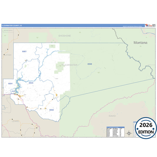 Clearwater County, ID Business Reference 5 Digit ZIP Code Wall Map