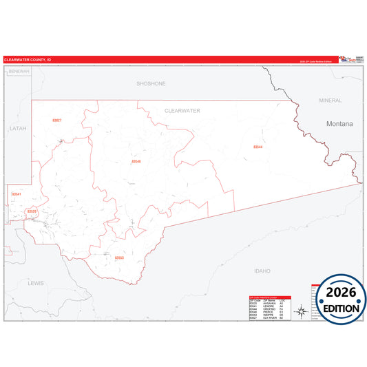 Clearwater County, ID Red Line 5 Digit ZIP Code Wall Map
