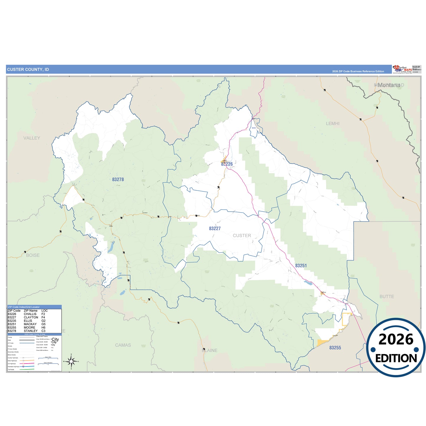 Custer County, ID Business Reference 5 Digit ZIP Code Wall Map