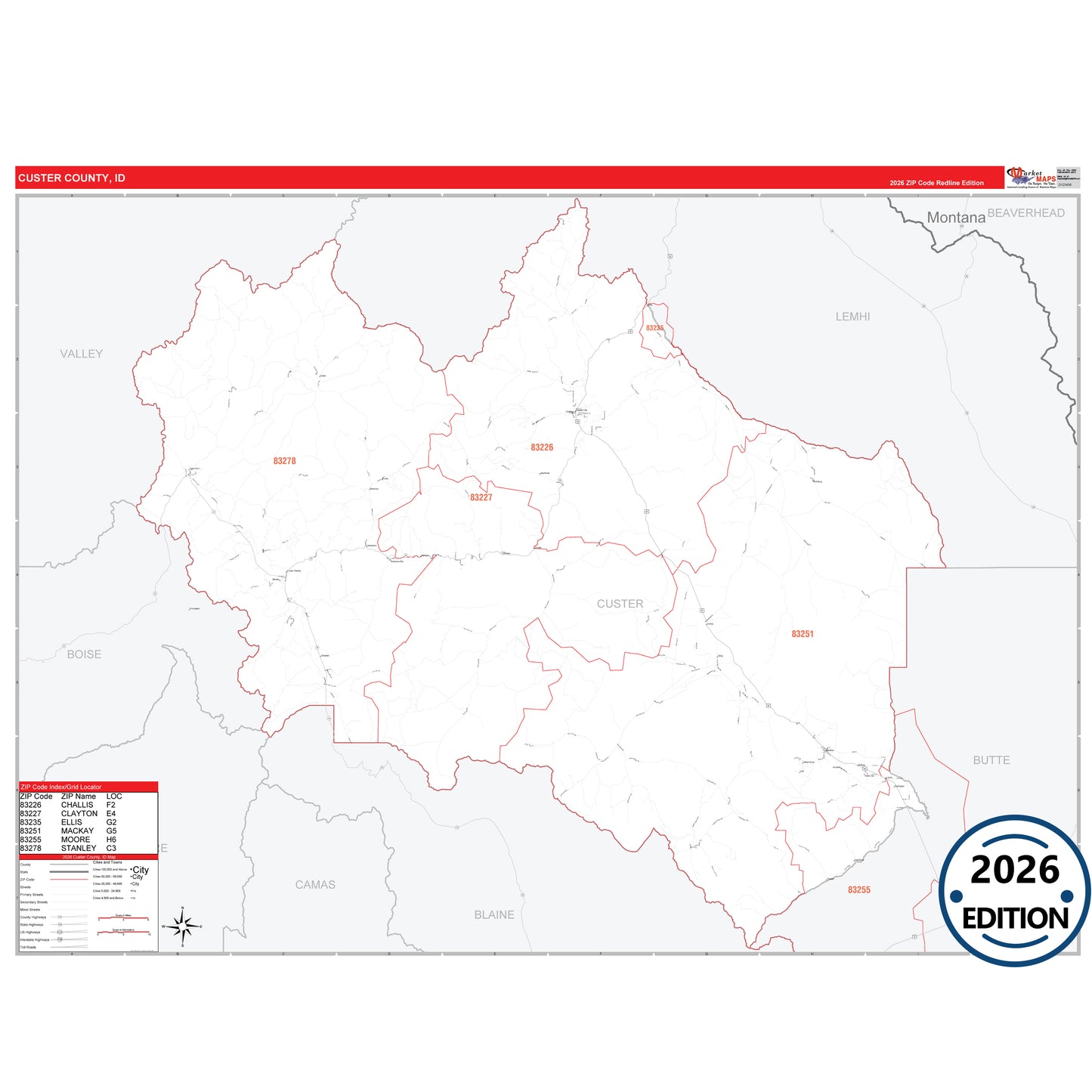 Custer County, ID Red Line 5 Digit ZIP Code Wall Map