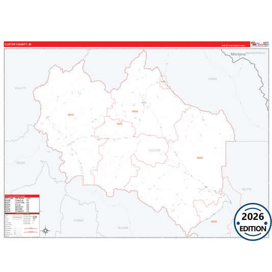 Custer County, ID Red Line 5 Digit ZIP Code Wall Map