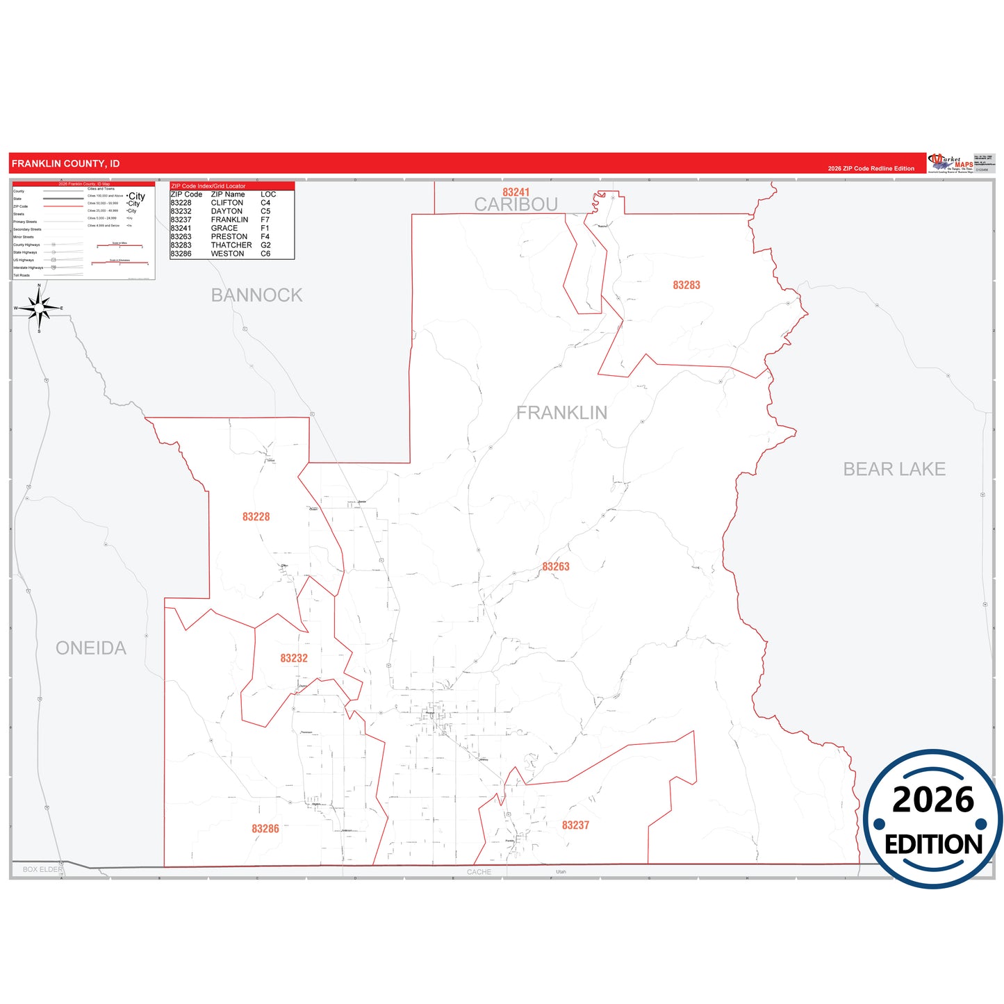 Franklin County, ID Red Line 5 Digit ZIP Code Wall Map