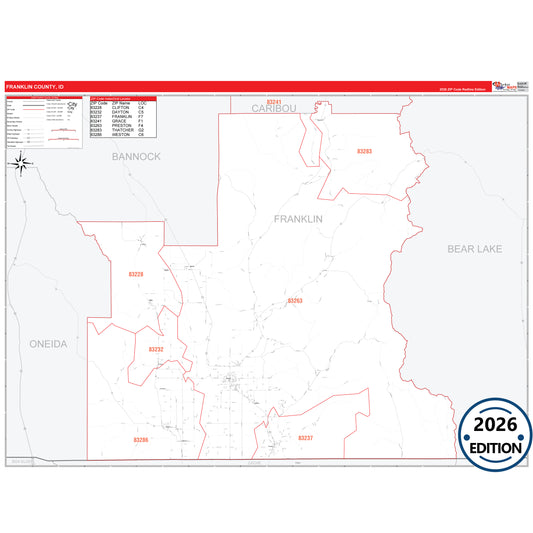 Franklin County, ID Red Line 5 Digit ZIP Code Wall Map