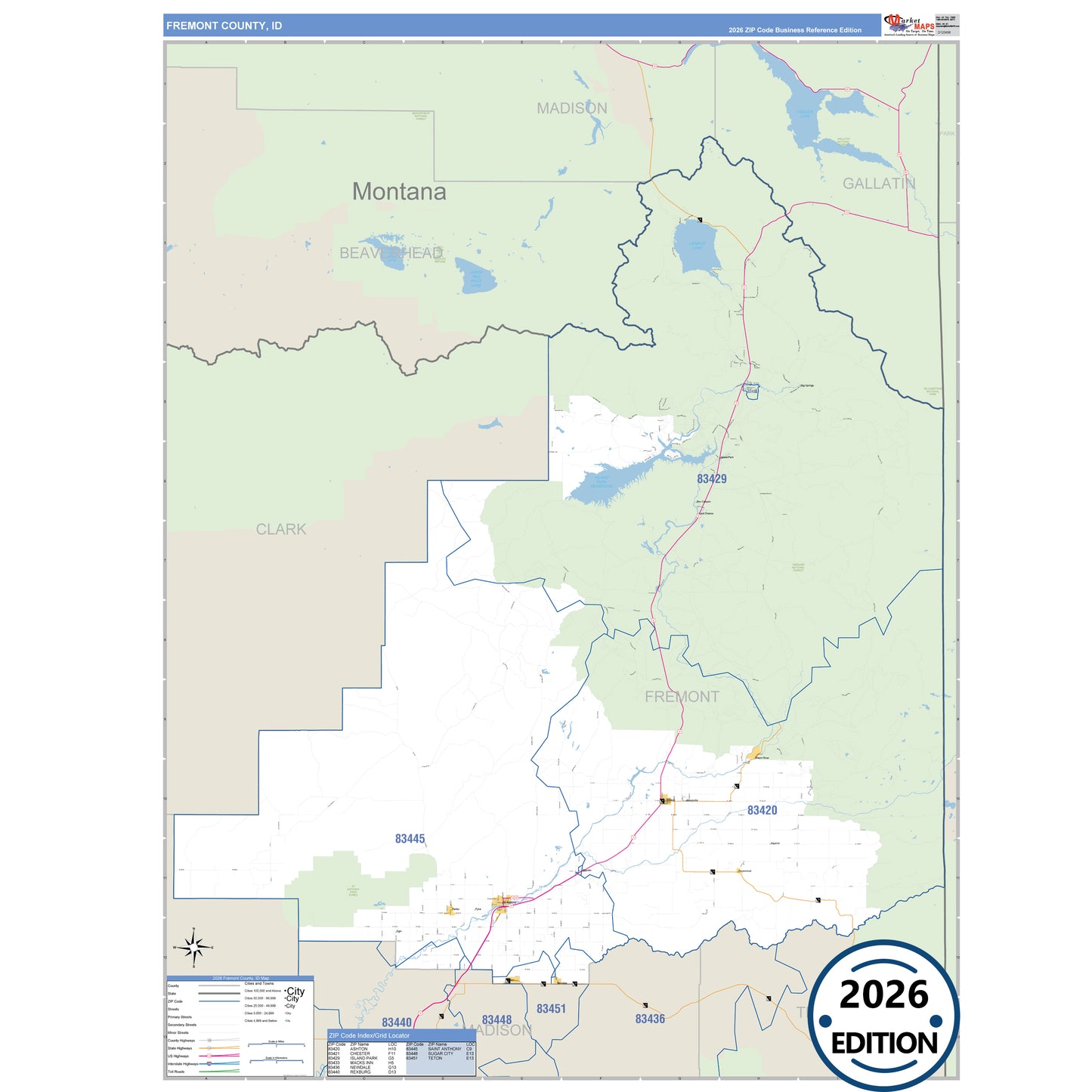 Fremont County, ID Business Reference 5 Digit ZIP Code Wall Map