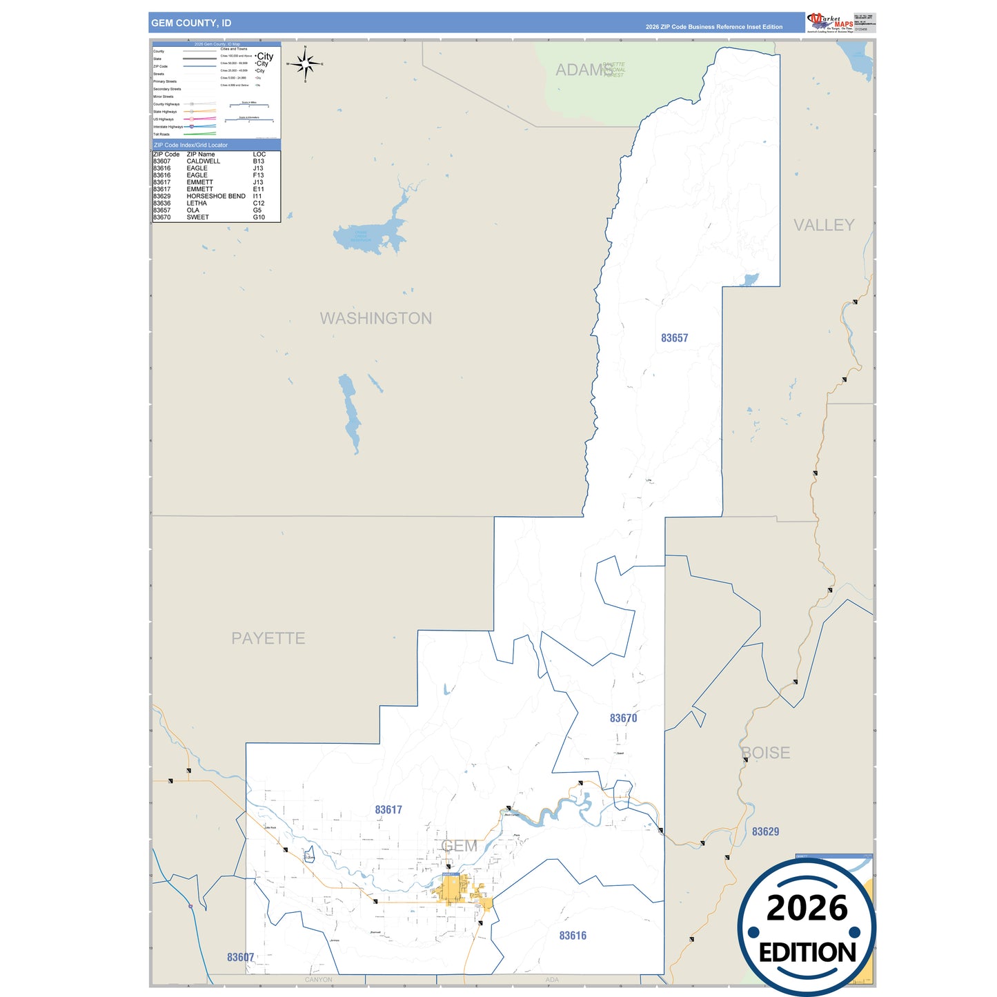 Gem County, ID Business Reference 5 Digit ZIP Code Wall Map