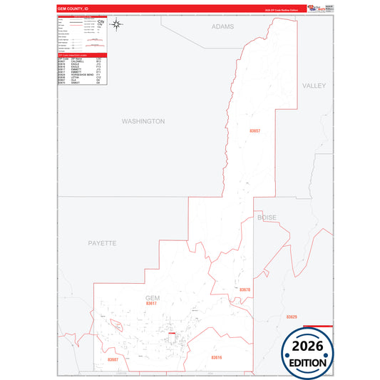 Gem County, ID Red Line 5 Digit ZIP Code Wall Map