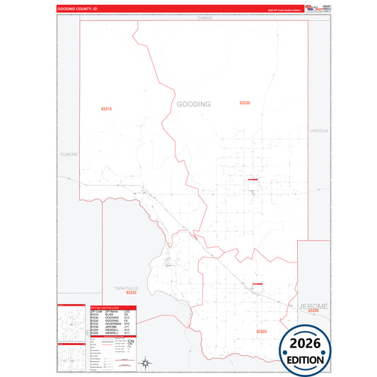 Gooding County, ID Red Line 5 Digit ZIP Code Wall Map