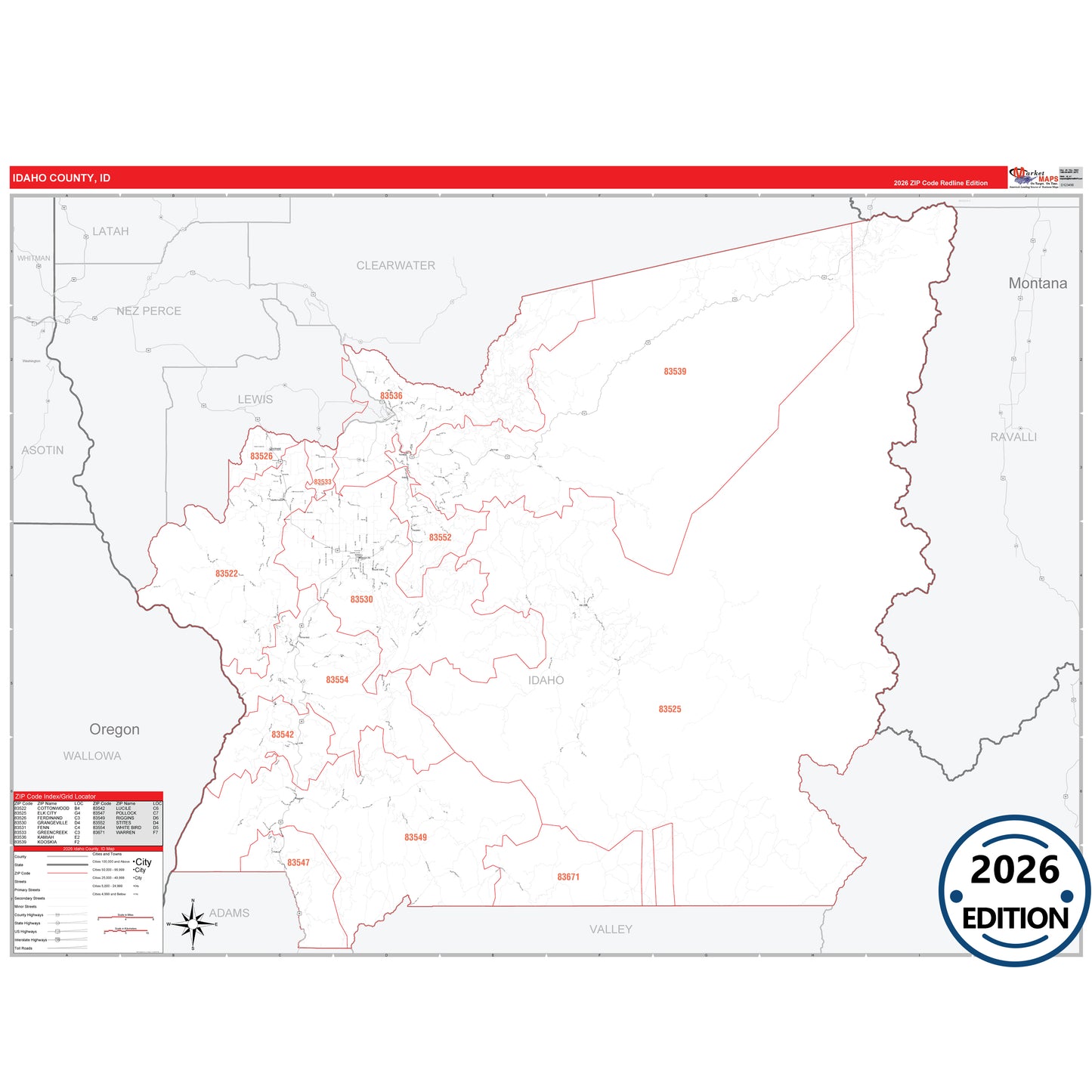 Idaho County, ID Red Line 5 Digit ZIP Code Wall Map