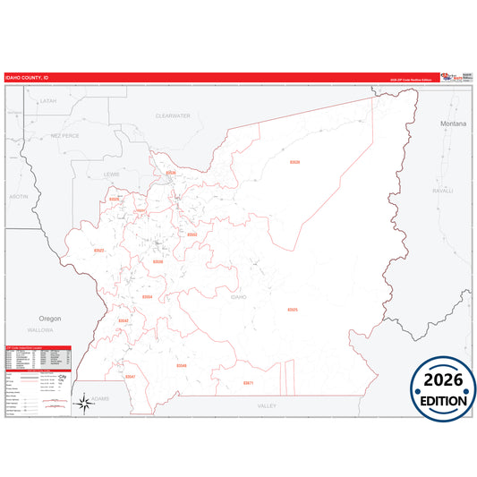Idaho County, ID Red Line 5 Digit ZIP Code Wall Map