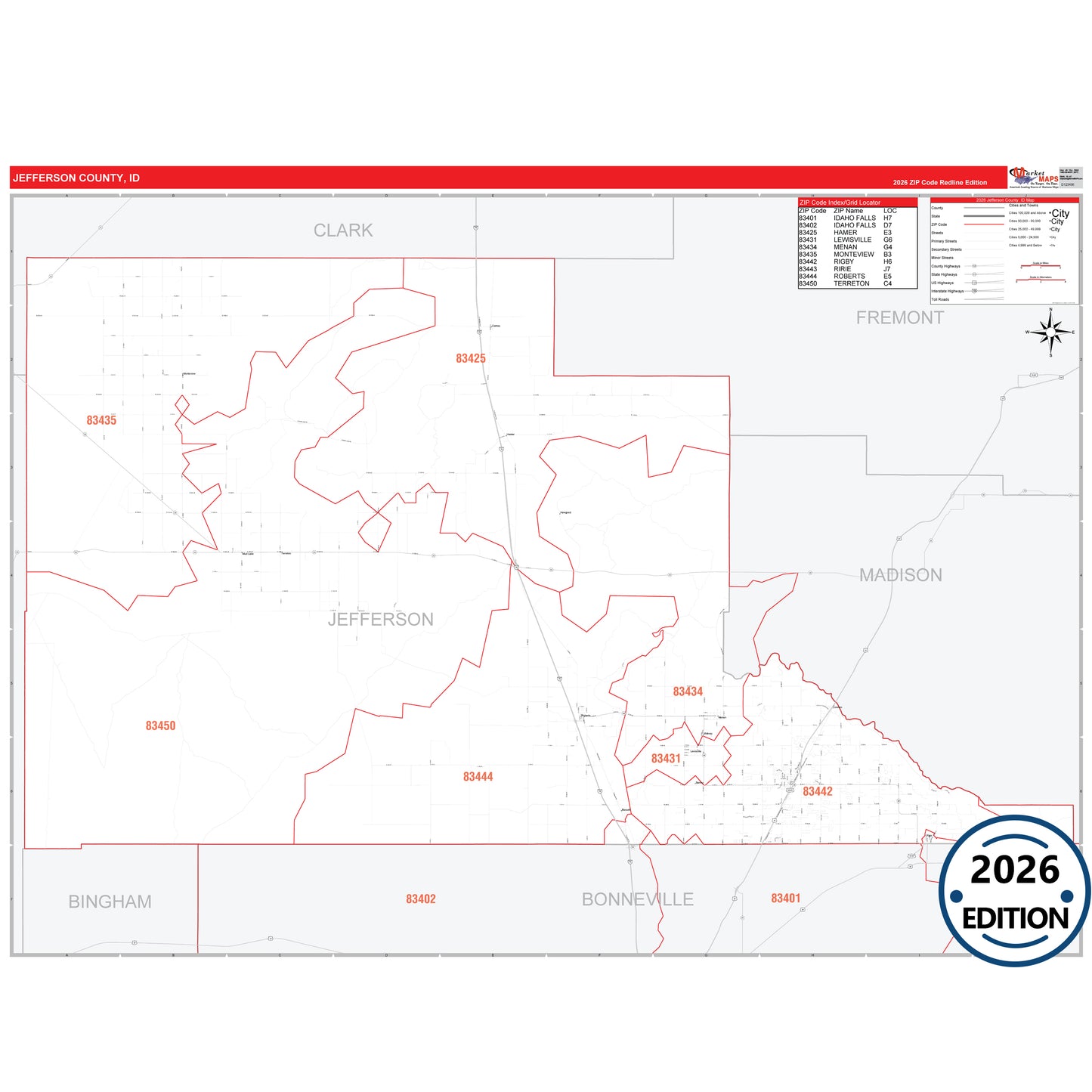 Jefferson County, ID Red Line 5 Digit ZIP Code Wall Map