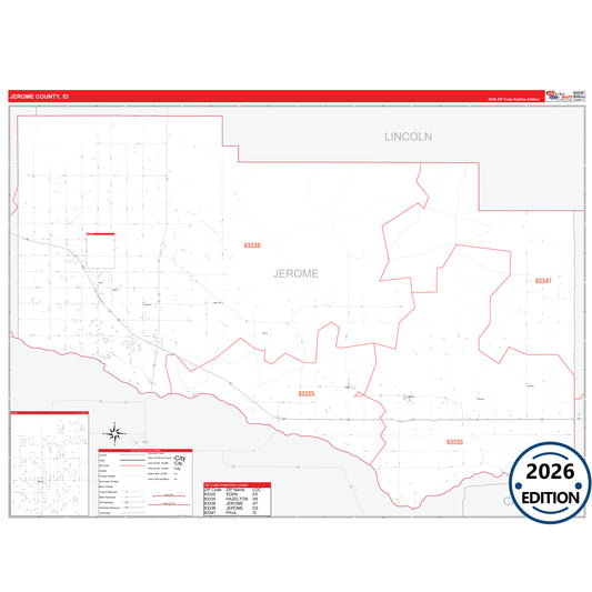 Jerome County, ID Red Line 5 Digit ZIP Code Wall Map