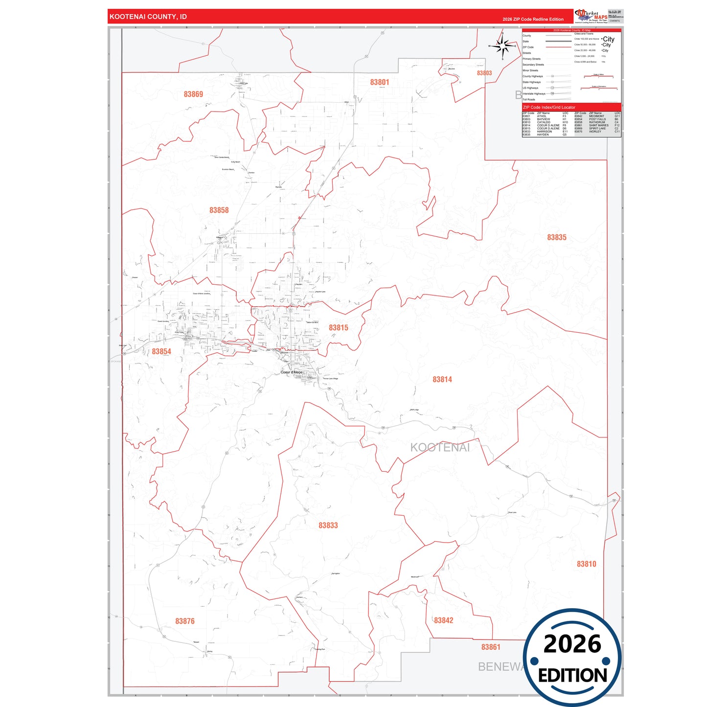 Kootenai County, ID Red Line 5 Digit ZIP Code Wall Map