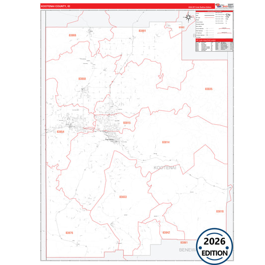 Kootenai County, ID Red Line 5 Digit ZIP Code Wall Map