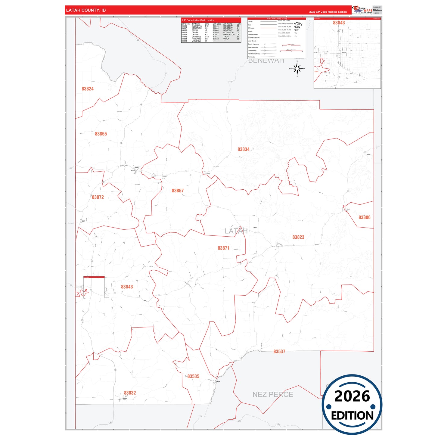 Latah County, ID Red Line 5 Digit ZIP Code Wall Map